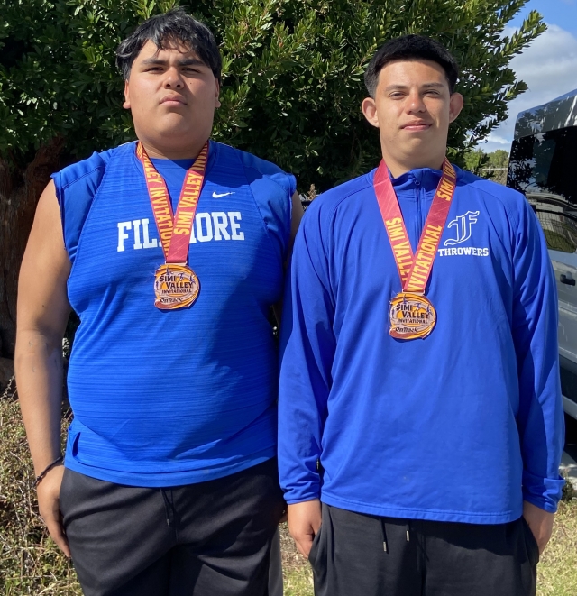 On Saturday, March 23, 2024, Fillmore High School Track and Field members Daniel Viveros and Anthony Tafoya were named medal winners at the Simi Valley Track and Field Invitational. Anthony Tafoya competed in the Invitational competition with a mark of 132 feet and 5 inches. Daniel competed in the shot put with a mark of 42 feet and 9 inches. Photo credit Kim Tafoya.