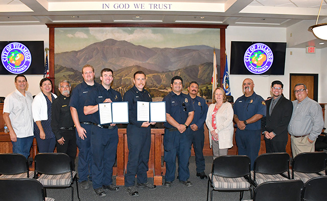 Fillmore Fire Department personnel is pictured with Mayor Albert Mendez and City Council members during Tuesday night’s City Council meeting, proclaiming October 2026 as California Firefighter Appreciation Month. Photo credit Angel Esquivel.