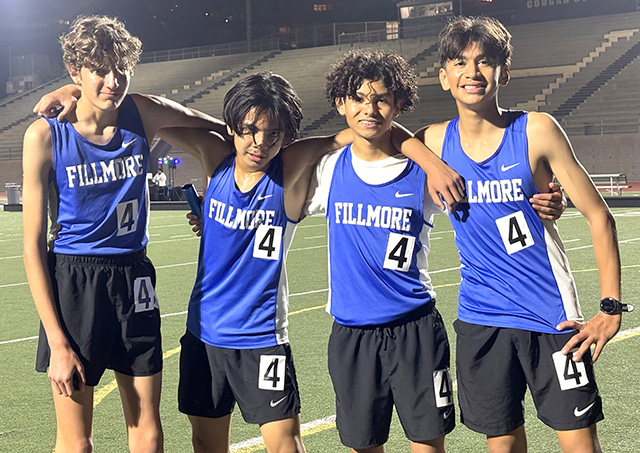 On Saturday, March 28, Fillmore Flashes Distance Team participated in the 4th Annual Ventura Speed Project at Ventura High School. Pictured is the FHS Boys 4x800M Relay team, (l-r) Niko Cerda, Prince Kamradt, Jordan Hernandez, and Damian Santa Rosa who placed 6th with a time of 9:49.57. Photo credit Kim Tafoya. Visit www.FillmoreGazette.com for more stories on local runners and alumni from Fillmore and Piru.