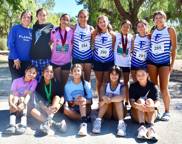 On Saturday, October 18th, Flashes Cross Country competed at the Ventura County Cross Country Championships with multiple athletes from the boys and girls team medaling. Above is the FHS Girls Team that competed (top l-r): Andrea Gamez, Michelle Setty, Valeria Munoz, Marbella Tapia, Megan Robles, Camila Rodriguez, Victoria Ruiz, and Melanie Flores. Seated: Mariana Elvira, Melanie Martinez, Gabriela Lopez, Celeste Camarena, and Camilo Soto. Photo credit Anthony Chavez.