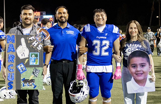 On Friday, October 24th, Fillmore Flashes celebrated Senior Night at their game against Dos Pueblos High School, winning 24-17. Pictured are the Flashes Senior Varsity Football and Cheerleaders who will be moving on to better things. Good luck in the future, Flashes! Photo credit Crystal Gurrola.