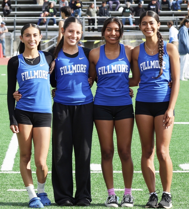 On Friday, April 25, 2025, at the Ventura County Championships, the Fillmore Flashes Girls 4x100 relay team captured 1st place in the Seeded Division, running a time of 49.95 — breaking their own school record for the third time this season! Congratulations, ladies — your legacy continues to grow! Team: Janessa Corona, Kimberly Magana, Mia Munoz, and Karinna Magana. Caption credit Coach Epi Torres. Photo credit Coach Anthony Tafoya. Read full story on page 9.