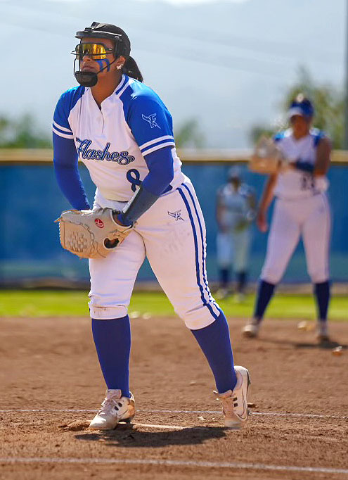 On Monday, May 5th, 2025, Fillmore High School Softball Senior Emma Estrella pitched her 200th strikeout of her season against Hueneme High School. Pictured right is Emma as she begins her pitch for the 200th strikeout of the season. Fillmore defeated Hueneme, final score 1-0. Final score courtesy https://www.maxpreps.com/ca/fillmore/fillmore-flashes/softball/schedule/. Photo credit Brandy Estrella. 