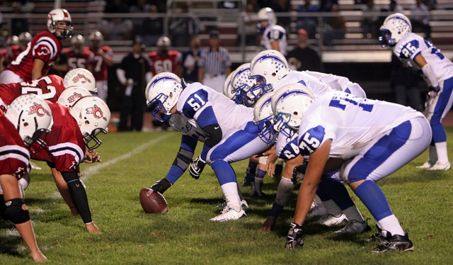 Center #51 Carson Lhotka and the offensive line had a great game last Friday against Carpinteria. Fillmore trampled the Warriors 40-14.