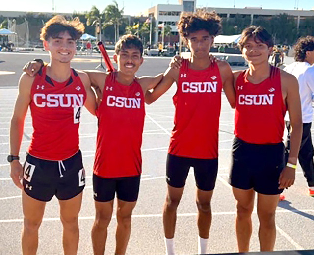 Pictured is the University of Cal State Northridge 4x400 Meter Relay Team (l-r) is Ramiro Mateos, Diego Rodriguez (Flashes Alumni), Darrick Jacob, and Omar Heredia (Flashes Alumni) at the Beach Opener on Saturday, March 7. 
