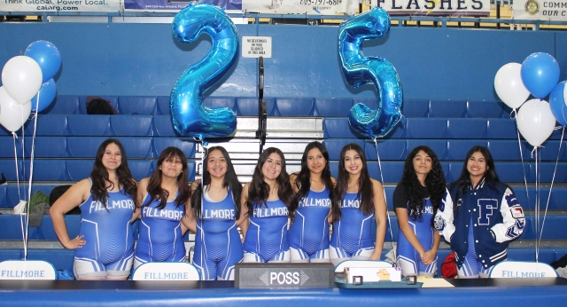 On Wednesday, January 22, 2025, the Fillmore High Girl’s Wrestling Team claimed 2nd place in the Citrus Coast League this year. They celebrated Senior Night for their current seniors who will be moving one next year. Pictured are the seniors who were recognized; Ava Manzano, Christine Panopio, Alexa Martinez, Karina Vergara, Jacqueline Lomeli, Natalia Herrera, Olivia Juarez, and Emma Torres. Photo credit Head Girls Coach Michael Torres.