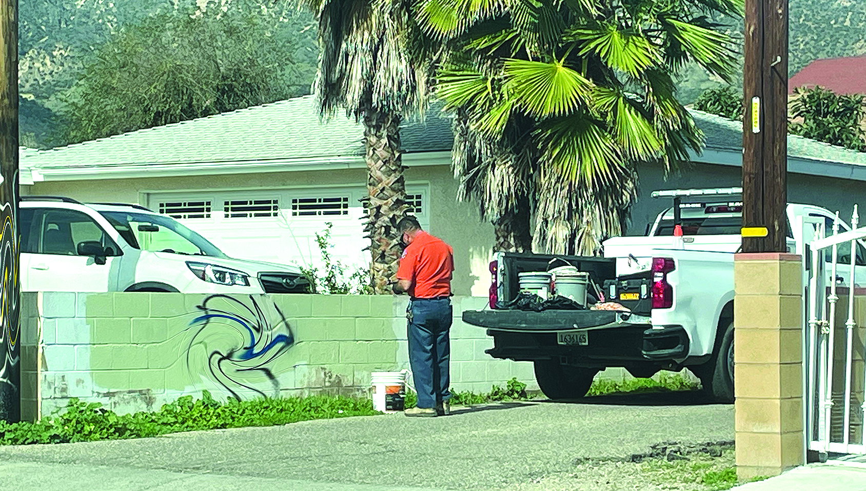 Fillmore City Public Works continues to clean up graffiti vandalism in the city. Here they are at Edison Way and Fourth Street, Tuesday morning, January 30th.