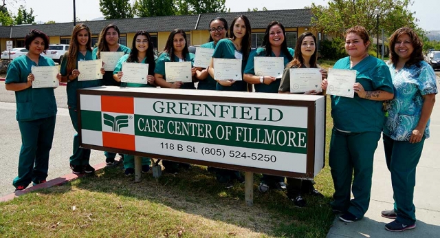 Greenfield Care Center in Fillmore has graduated their first 2017 CNA class. The next class will start the second week of August. To register please go to Greenfield Care Center at 118 B St in Fillmore to complete an application. The instructor, Beatrice Colin/LVN, will then schedule an interview. Pictured (l-r) Itzel Lopez, Shovita Herrera, Denise Martinez, Destiny Orozco, Janet Espinoza, Marcela Hernandez, Silvia Garcia, Adriana Mercado, Jessica Acevedo, Blanca Reynoso, Teacher: LVN Beatrice Colin. Photo courtesy of Ari Larson/Fillmore Chamber of Commerce.