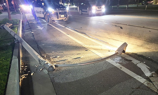 On Monday, January 5, at 6:10pm, a Hit & Run occurred in front of Taco Bell, 800 Ventura Street, Fillmore. An eyewitness reported that a possibly older Dodge pickup truck crashed into the streetlight in front of the business, then left the scene. Part of the number 2 lane was blocked, and Edison was called to the scene. Photo credit Gazette staff.