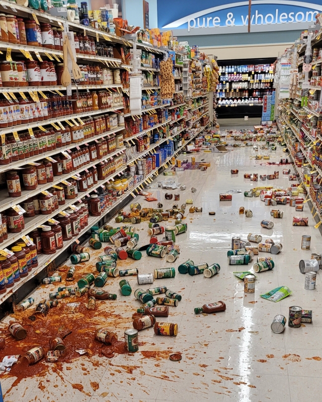 A 5.1 earthquake near Ojai shook the Fillmore area and beyond on Sunday, August 20, at 2:41pm. Fillmore residents felt a powerful jolt, lasting a few seconds, with more than 30 aftershocks registered. Above is damage to Fillmore’s Vons Market, right Vons’ loosened ceiling panels. The quake was located 4.3 miles southeast of Ojai. The Ventura County Sheriff’s Office and Ventura County Fire Department look at all of Ventura County for damage from the quakes. The Sheriff’s Office of Emergency Services reported no injuries or major structural damage; Thomas Aquinas College near Ojai suffered minor damage to four buildings, with damage also to the bell tower; SoCal Gas and SoCal Edison reported no issues; the county’s aviation unit completed an aerial inspection of the Ojai area, including Lake Casitas and Matilija dams, and reported no issues.