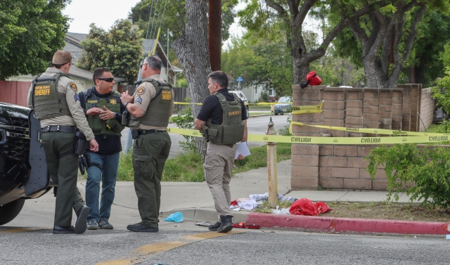 On Tuesday, April 15th, at approximately 2:23 p.m., the Fillmore Police Department responded to a fight in progress at First Street and Mountain View Street. 911 callers reported that several male and female subjects were involved in a physical altercation, with at least two being stabbed. One victim was found on Mountain View Street with a stab wound, where Ventura County Fire treated the patient; a second victim arrived at the Fillmore Police Station, where the patient was treated by Fillmore City Fire and AMR Paramedics. Both stabbed patients were transported to a local hospital. According to the sheriff’s dispatch, four subjects fled in an older gray Nissan or Honda. It was last seen heading towards Highway 126. Photo credit Angel Esquivel. 