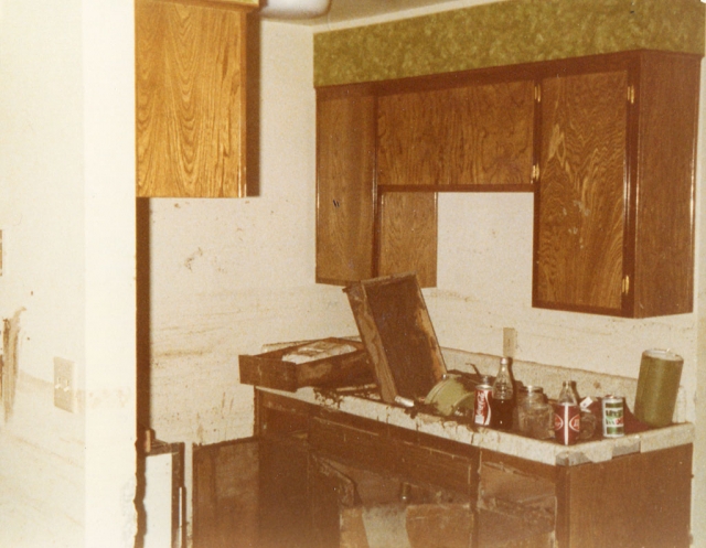 Inside one of the apartments at the intersection of El Paseo and Sierra Vista (behind Tipsy Fox). Water line just below upper cabinets.