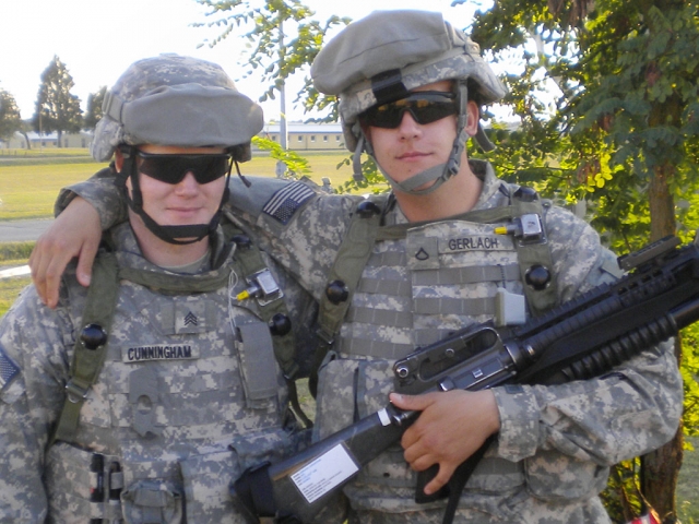 Pictured above: Joanathan “Jon” Gerlach (right) carrying a m16a2 with a m203, with Sgt. Cunningham (left).