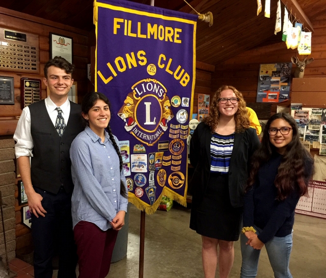 On Monday, February 4th four young people took part in this year’s Fillmore Lions Club speech competition. The winner was Isabella Palazuelos; the topic was “Freedom of the Press, What does it mean?” This is the 82nd year of the contest which is open to high school students. Pictured are (l-r): Fiman Arantz, Jennifer Orozco, Isabela Palazuelos and Carmen Ibarra. The winner goes on to the Zone 8 competition on March 6th at 7 pm at the Camarillo Boys and Girls Club. If Isabela makes it to the state contest she could win $21,000 in scholarships. Photo Courtesy Brian Wilson.