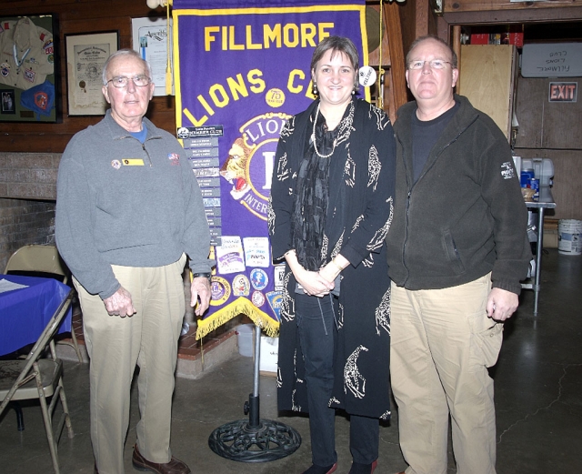 Bill and Laura Bartels (pictured above with Lion’s President Bill Dewey) were the guests of the Fillmore Lion’s Club February 21.  Bill spoke about the Fillmore & Western Railroad, and specifically about the restoration of the 1913 Baldwin Steam Locomotive #14.  He also talked a little about his family history in Fillmore and about RailFest, coming up at the end of March.  Laura told the group about how successful the Santa Clara Valley Legal Aid’s fourth annual Winter Coat Drive.  The project started five years ago, when she was helping with the local toy drive and observed that hardly any of the children had coats.  This year they handed out 1,000 coats to needy children.