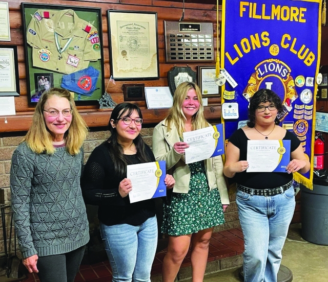 On Monday, February 19, the Fillmore Lions Club held their annual Student Speaker Contest. Pictured is Lion member Gaylynn Brien with winner Diana Martinez; additional contestants (l-r): Madison Goodenough and Jazmin Cantero. What a wonderful group of students who came out for the event. Fillmore Lions Club looks forward to seeing what each achieves in the future. Photo credit Brandi Hollis. 