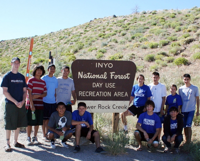 Picture at Lower Rock Creek Trail: Top Left to Right: Coach Paul FitzGerald, Christian Rodriguez, Alexander Gonzalez, Anthony Rodriguez, Coach Kim Tafoya, Jovanni Rubio, Danielle Diaz, Jose Sillas. Bottom Left to Right: Paul Gonzalez, Anthony Chavez, Miguel Ochoa and Ernesto Lorenzano.