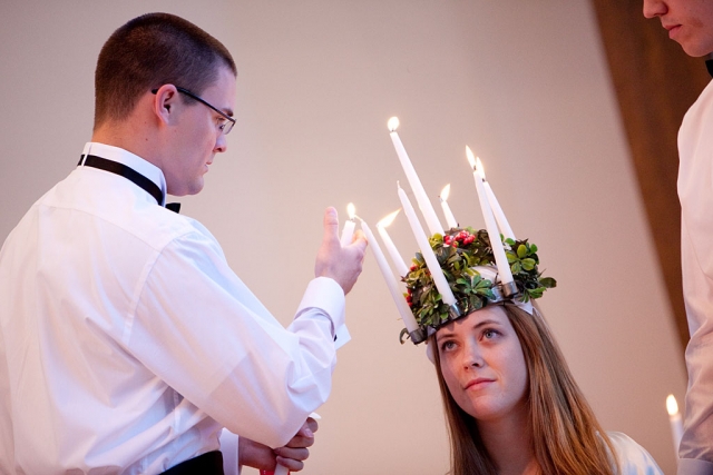 The lighting of the candles in the crown of the 2009 Lucia, Katey Wade.