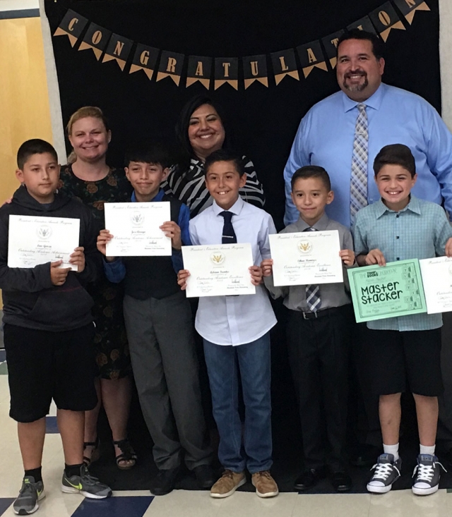 Mountain Vista Elementary School is proud to announce the following additional outstanding scholars who earned the Presidential Award for Educational Achievement and the Presidential Award for Excellence. Due to an unforeseen oversight on our part, all of our presidential awardees were not recognized at the fifth grade Promotion Ceremony. A special presentation took place at the school for these outstanding scholars. Pictured from left to right are Luis Garza, Jose Arroyo, Adrian Fuentes, Ethan Ramirez , Malvin Assphor with their Teacher Ms. Milam, Principal, Charice Guerra and Superintendent, Dr. Adrian Palazuelos. Photo courtesy Charice Guerra, Interim Principal, Mountain Vista Elementary.