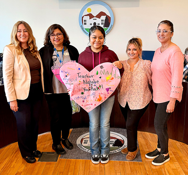 Pictured center is Sierra High School senior Natalie Rodriguez who was recognized for participation in the new Preschool Internship Pilot Program as part of the Career Readiness efforts for students to gain hands-on experience at the local preschools.