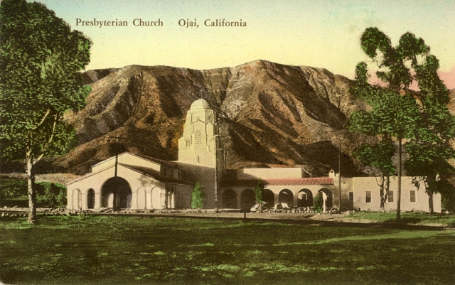 NEW PRESBYTERIAN CHURCH: In 1927, the Presbyterians purchased a lot on the northeast corner of Foothill Road and Aliso Street with the intention of building a larger church in the new mission revival style.  They hired architect Carlton Winslow, who had worked with Bertram Goodhue on the 1915 Panama-California International Exposition in San Diego.  The new Presbyterian Church was dedicated on November 23, 1930.