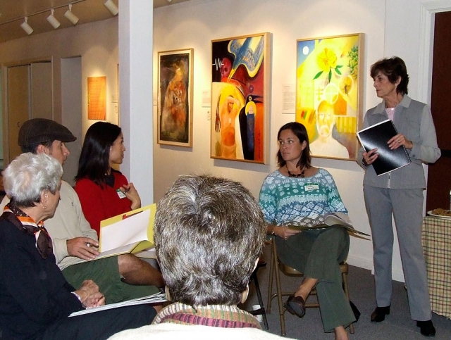 The Ojai Museum is currently running an exhibit on Native Californians called Sing Me A Story, Dance Me Home. In conjunction with this exhibit on Native Tribes the Museum will offer enrichment programs for local schools. Above: Ann Scanlin, President of Ojai Valley Museum Board of Trustees with Teacher group.
