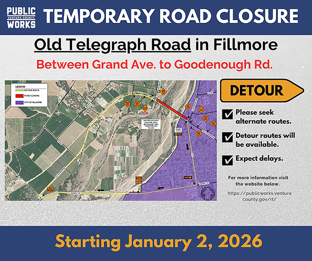Pictured above is the temporary detour route for Old Telegraph Road, while the bridge undergoes repairs after the recent rainstorm. Reposted on City of Fillmore Facebook page: https://www.facebook.com/cityoffillmore or visit https://www.facebook.com/VCpublicworks page.