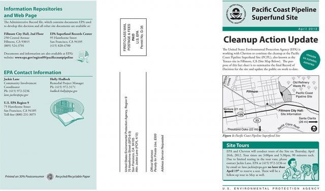 On Thursday, April 26, 2012, EPA and Chevron will conduct Site tours at 3:00 p.m. and 5:30 p.m. for 90 minutes each. Call Jackie Lane, EPA at (415) 972-3236, or email her at lane.jackie@epa.gov to reserve a seat no later than April 19, 2012.