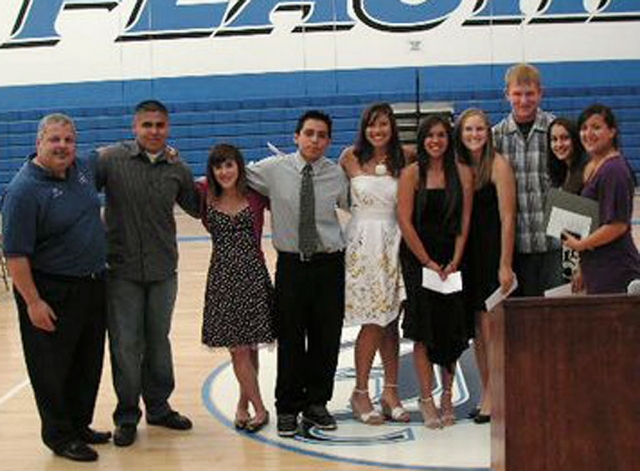 Pictured above with Mark Ortega are the 2008 Alumni Scholarship Recipients: (l-r) Luiz Munoz, Angelica Serna, Julio Chavez, Briana Rojo, Christina Amezcua, Ashley Grande, Andy Klittich, Kaussandra Sandoval, and Laura Orozco. (Photos by Dick Mosbarger)