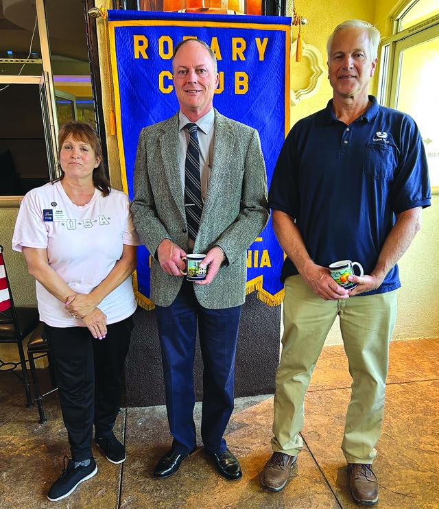 Last week, Fillmore Rotary enjoyed a program by Murray McEachron and John Lindquist from the United Water Conservation District. They discussed water issues in the Fillmore, Piru and Sespe watershed. Because of the great water years recently, almost all the water basins are full. It is more water than we’ve seen in 10 years. This captured water can be released when needed. Pictured is President Anna Reilley with speakers John Lindquist and Murray McEachron from the United Water Conservation District. Photo credit Martha Richardson.