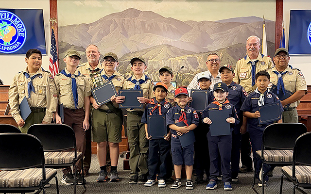 On Tuesday, February 10, Fillmore Mayor Albert Mendez and the Fillmore City Council recognized Scouting America Troop 406 and Cub Scout Pack 3406 with proclamations in honor of the 116th Anniversary of Scouting, and with individual certificates of appreciation for their annual community service efforts and commitment to scouting. Scouting America Troop 406 is sponsored by the Fillmore Lions Club. Cub Scout Pack 3406 is sponsored by Fillmore Rotary. Photo credits Jeff Peterson, Michael Slover, Cameron Stevens.