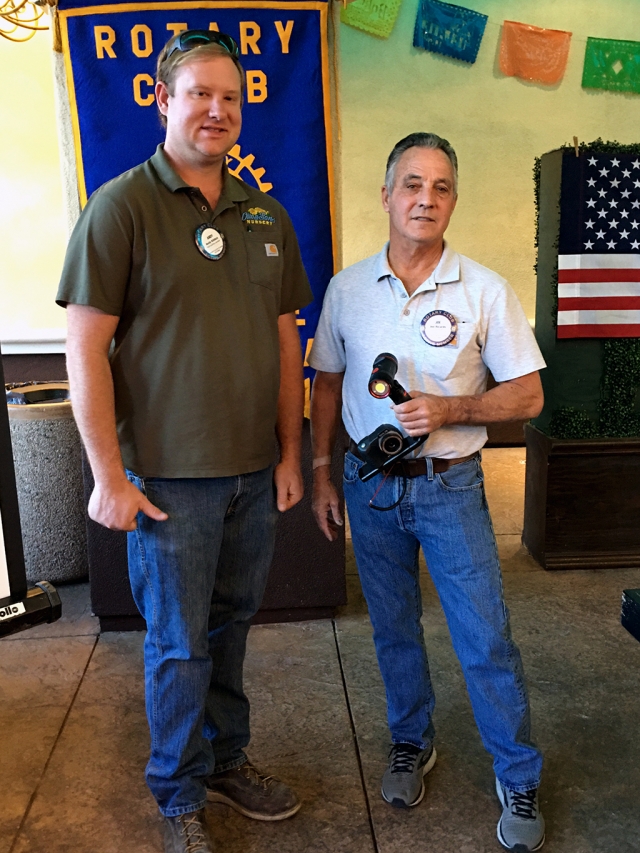 Pictured are Rotary President Andy Klittich and Rotarian Joe Ricards who was the Fillmore Rotary speaker at last week’s meeting. He is a Master Scuba Diver Trainer and brought his scuba equipment to informed Rotary members of its uses. His first dive was in 1975 and by 1994 he was diving fulltime. Joe is a trainer and certified in many different aspects of diving as will as a rescuer. His pictures of underwater sea creatures, some weighing up to 400 lbs, and huge kelp beds were very interesting. Photo courtesy Rotarian Martha Richardson.