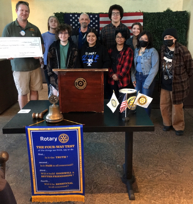 The Rotary Club of Fillmore presented a check for $300 to the Fillmore High Drama Department. Josh Overton, the Director, and eight of the performing FHS students attended the meeting and informed the Club about their new play “You the Jury”. The first performances were last weekend; they will perform again on April 1st and 2nd at 7p.m., and closing on April 3rd at 2p.m. Photo credit Martha Richardson.