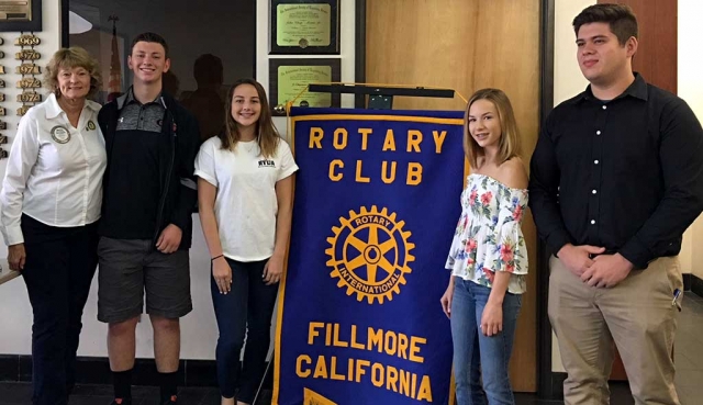 Pictured (l-r) are Martha Richardson-Rotary Youth Leadership Awards Chair (RYLA), Remy Richardson, who attends Grace Brethren, Natalie Couse, Katie Johnson, and Damian Mesa. Fillmore Rotary sponsored the Fillmore High School students to attend the RYLA camp in Ojai. After camp was completed the students visited Rotary Club and shared their experiences, what leadership skills they had learned and their plans for the future.