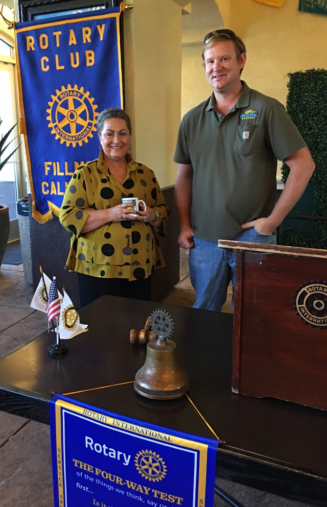 Last week’s Fillmore Rotary guest speaker was Harriet Happel from College of the Canyons. Her position at the college deals with helping students find their career paths. She stated that most of us were only concerned with getting a degree which really didn’t help with a career job, but now with changes in the job market, it’s more important to learn life skills, or tech skills, etc. and get a certificate and get into the work force sooner. As jobs change students can go back to college and learn new skills, get another certificate and get back into the work force. It was surprising to learn that graduates may have as many as 15 careers in their lifetime. Pictured with Harriet is Rotary President Andy Klittich presenting her with a Rotary mug. Photo courtesy Rotarian Martha Richardson.