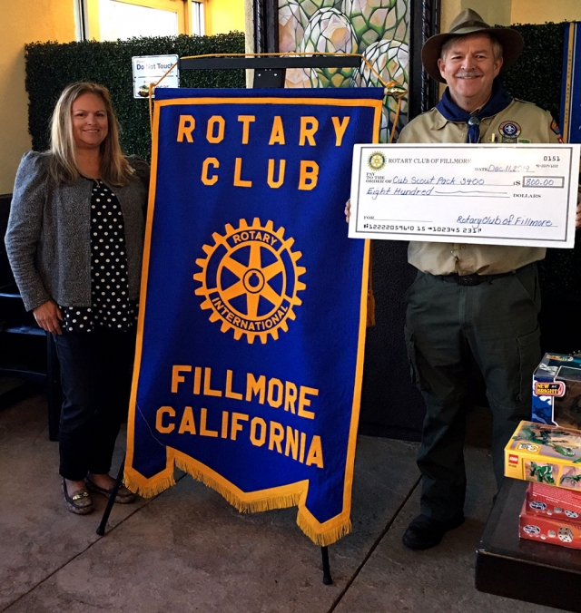 Fillmore Rotary Club donated $800 to the Cub Scout Club. President Ari Larson presented the check to Stephen McKeown of the Cub Scout Pack. He reminded the Club that Cub Scouts brings out confidence and leadership and prepares the kids for Boy Scouts. Finances are a problem as some sponsors have dropped out and many scouts cannot afford the fees of $150-160 per year. Stephen is continually looking for more funding and ways to keep the costs down. There are changes in scouting now as girls may join also. They are starting as kindergartners and most are siblings of Cubs. Courtesy Martha Richardson.