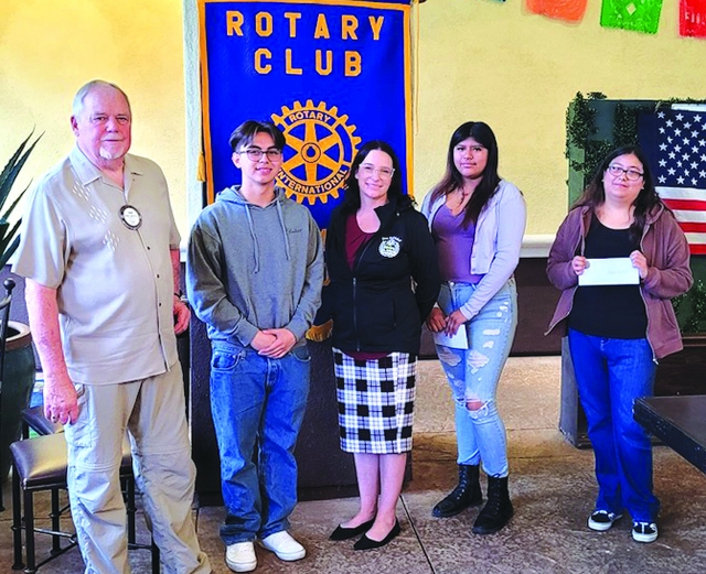 Fillmore Rotary Club awarded the Sierra High School recipients with scholarships. Andy Klittich introduced the students. Pictured is Rotary Club President Dave Andersen (left) and Sierra Principal Amber Henry (center) with this year’s winners listed in no specific order Johnny Ortiz received $250, Violet Herrera received $250, and Paulina Sanchez received $500. Congratulations to each student! Courtesy Rotarian Martha Richardson.