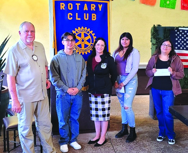 Fillmore Rotary Club awarded the Sierra High School recipients with scholarships. Andy Klittich introduced the students. Pictured is Rotary Club President Dave Andersen (left) and Sierra Principal Amber Henry (center) with this year’s winners listed in no specific order Johnny Ortiz received $250, Violet Herrera received $250, and Paulina Sanchez received $500. Congratulations to each student! Courtesy Rotarian Martha Richardson.