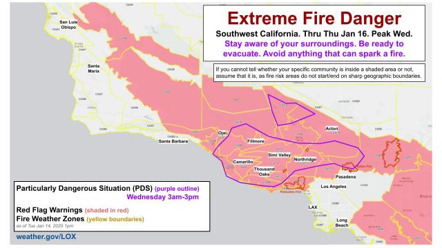 Current map of red flag warnings including Particularly Dangerous Situation locations. Photo credit and more information at https://www.weather.gov/lox/ or https://www.vcemergency.com/.