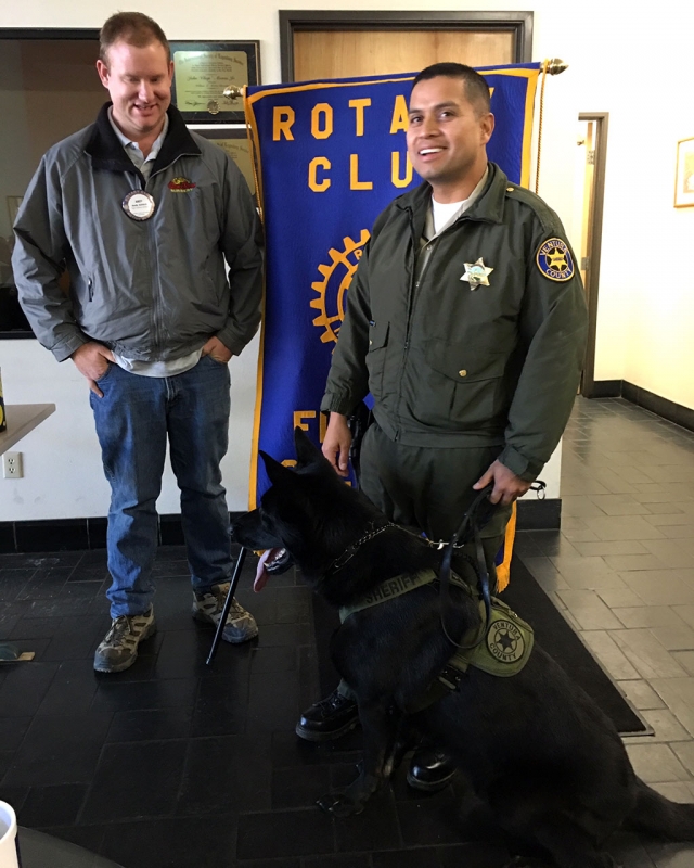 Pictured is Fillmore Rotary President Andy Klittich with Deputy Javier Rodriguez and his K-9 Jago. Deputy Rodriguez shared with the group that he has been with the Department for 13 years and has been a handler for six months. The group learned there are only six K-9’s in the county and all have been hand-picked in Germany. Specific dogs are chosen for the area they will be working in. Each handler must train their dog and pay for all the dogs expenses, but do receive some help from the K-9 nonprofit Foundation. Jago is 19 months old and a German shepherd. He will be a working dog for 6-7 years before he is retired. Photo courtesy Martha Richardson.