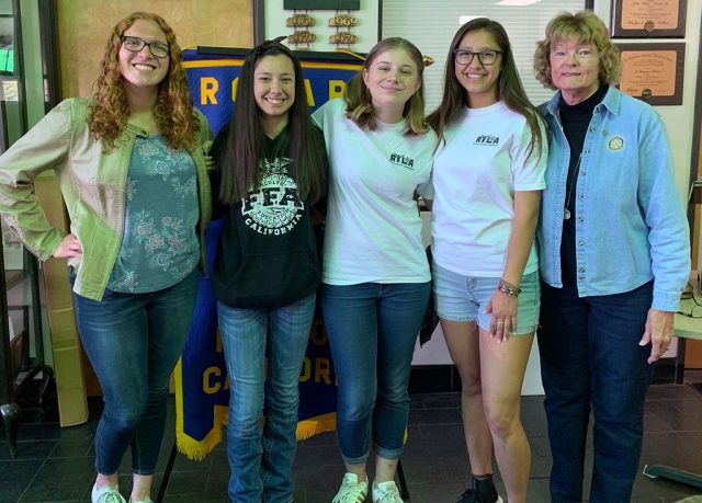 Fillmore Rotary Club hosted Isabella Palazuelos, Natalie Parrish, Erin Overton, and Tori Gonzales, students who attended Rotary Youth Leadership Awards Camp (RYLA) held in Ojai. The students spoke of their experiences with enthusiasm and excitement, and thanked Rotary for giving them the opportunity to attend. Martha Richardson (far right) is the RYLA chair for the club. Photo courtesy Martha Richardson.