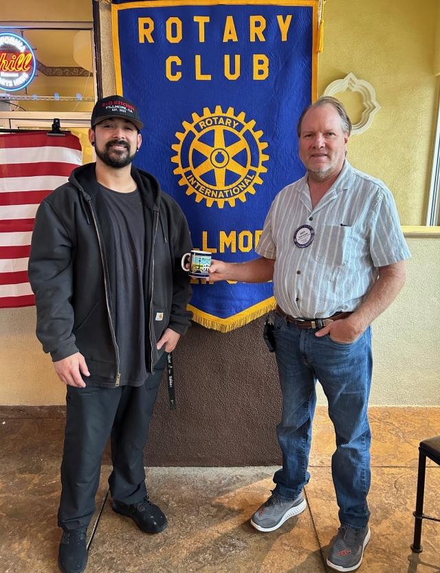 On Wednesday, June 5, the Fillmore Rotary speaker was Randy Balades from R&Q Kitchen. He is located at the Fillmore Bunnin Chevrolet Dealership. Randy attended culinary school and was the chef at many places including the train before coming to Bunnin. His specialty is BBQ and says all his beef comes from Harris Ranch. His menu includes salads, burgers, sandwiches, shrimp and fish. Breakfast includes omelets, chicken fried steak, biscuits & gravy and much more. They are open Tuesday-Sunday from 8-3. On Saturday and Sunday, they serve breakfast and online orders are also available. They also cater. Courtesy Rotarian Martha Richardson.