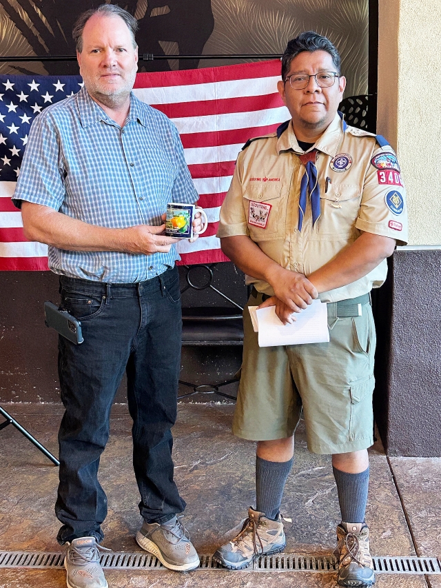 At last week’s Fillmore Rotary Club meeting President Scott Beylik introduced Stephen McKeown and Samford Sam from the Fillmore Cub Scouts. The Rotary Club has been the charter member of the Cub Scouts for 14 years. Sam is the Cub Master and has seven young boys up to 5th grade. They are always looking for more Cubs. They go on one or two hikes a year around our area. Beylik presented them with a check for this coming year. Above is Beylik with Sam. Photo credit Martha Richardson.