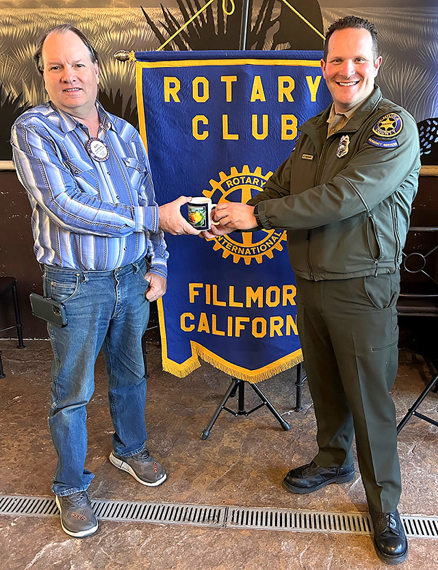 Pictured is Fillmore Rotary President Scott Beylik with guest speaker Patrick Maynard. Photo credit Martha Richardson.