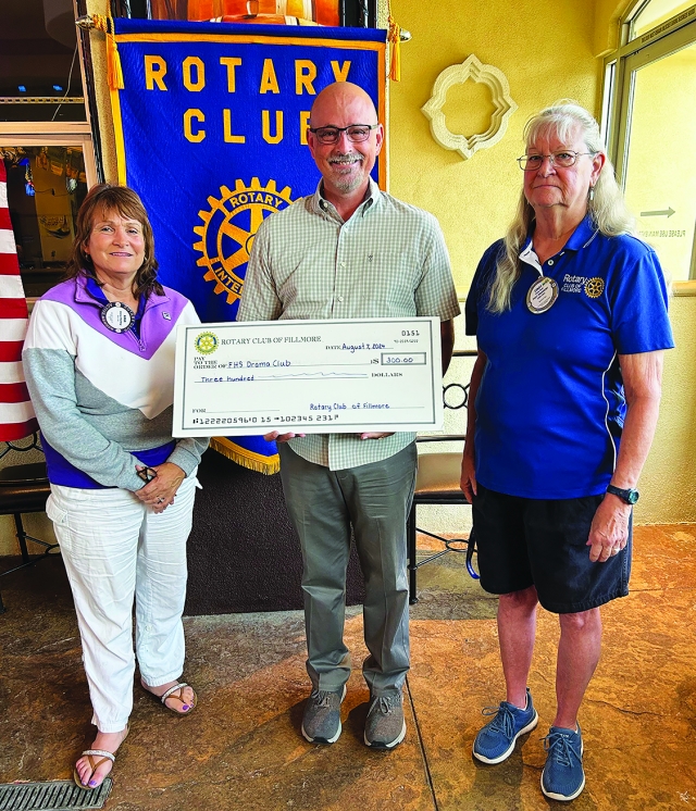 Pictured (l-r) are Rotary Club of Fillmore President Anna Reilley, Josh Overton of FHS Drama Club and Rotary Program Chair Cindy Blatt presenting a check for $300 to the FHS Drama Club. Photo credit Martha Richardson. 