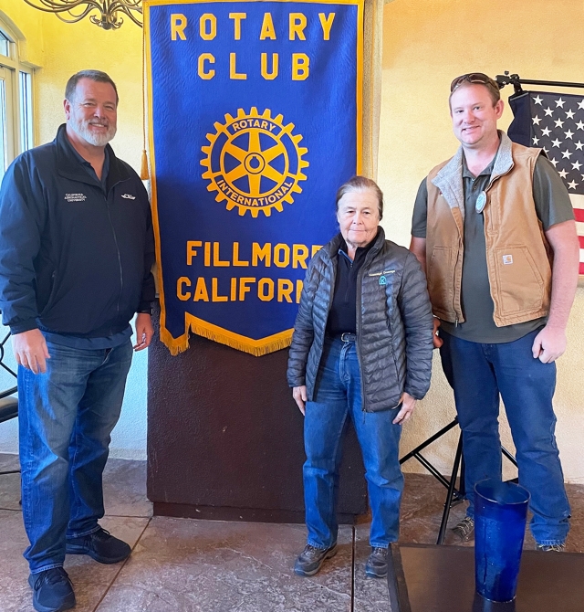 On Wednesday, February 7, Matt Johnston, President of California Aeronautical University, gave an informative presentation to Fillmore Rotary members on various routes to follow in becoming a licensed pilot. Pictured (l-r) is guest speaker Matt Johnston, Fillmore Rotary members Barbara Filkins, and Andy Klittich. Photo credit Carina Monica Montoya.
