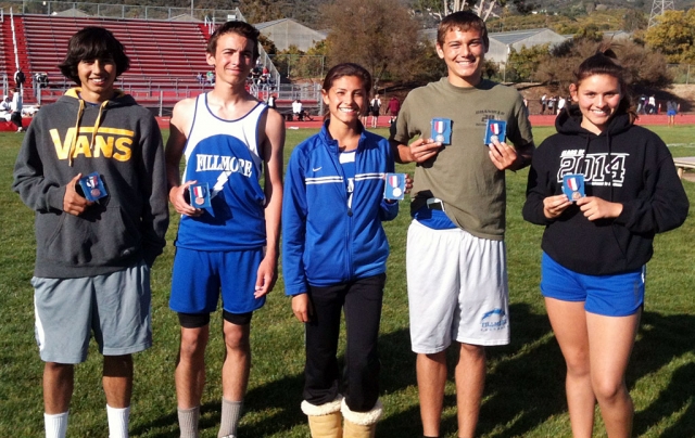 Fillmore High School Medalists at the 93rd Russell Cup Invitational (L to R): Frank Chavez took 3rd place medal in the 400m  with a tim e of 55.28 seconds, Joey Orozco won the Triple Jump with a jump of 15 feet 23.75 inches crushing his personal record by over a foot, Kiana Hope won three medals on Saturday which included 4th place in the 800m (2:31.07), 4th place in the 1600m (5:39.62) and 3rd place in teh 3200 m (12:04.73), Daniel Flores brought home two medals: 2nd place in the 110m Hurdles, 18.64 and 2nd place in the  300m Hurdles, 43.34 and Jessica Mayhew took 4th Place in the discus- 83 feet 4 inches, a personal best. Way to go Flashes!