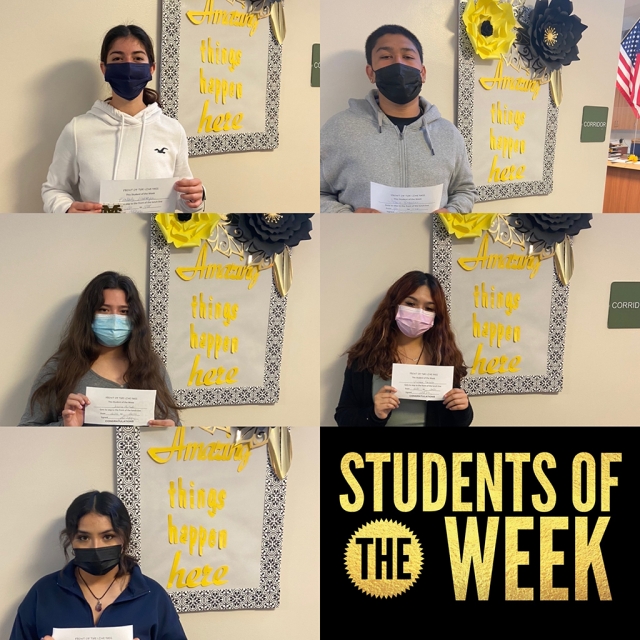 These Sierra High students received the honor of being selected as Students of the Week. They all exhibit dedication, hard work, maturity, respect, and kindness, which is what Sierra Warrior’s are known for. Congratulations and great job to Kimberly Lizarraga, Janessa Hurtado, Elaine Hernandez, Jesus Rosales, and Viviana Gonzalez! Courtesy Sierra High Blog www.blog.fillmoreusd.org