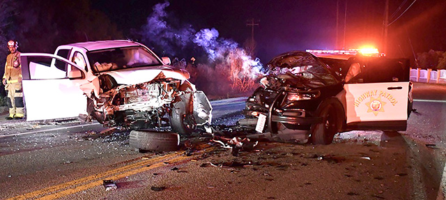 On Saturday, August 15, 2026, at approximately 11 p.m., the California Highway Patrol responded to a head-on collision on Grimes Canyon Road involving a white Chevrolet pickup truck and a CHP patrol vehicle. The CHP officer and a passenger in the pickup were transported to a hospital for injuries. The driver of the pickup, 34-year-old Derek Skinner of Santa Paula, was arrested on suspicion of driving under the influence. Photo credit Angel Esquivel.