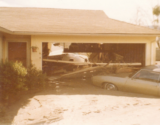 Sespe Avenue near D Street. Car pushed thru back of garage.